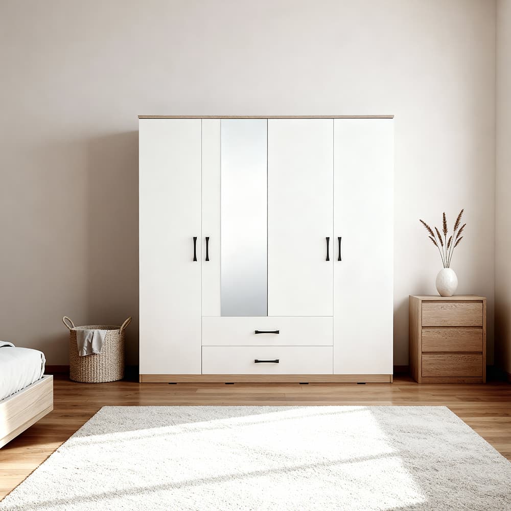 ตู้เสื้อผ้า 4 บาน พร้อมกระจก รุ่นฟินซ์ ขนาด 160 ซม. - สีธรรมชาติ/ขาว