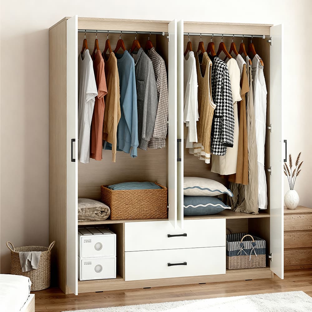 ตู้เสื้อผ้า 4 บาน พร้อมกระจก รุ่นฟินซ์ ขนาด 160 ซม. - สีธรรมชาติ/ขาว