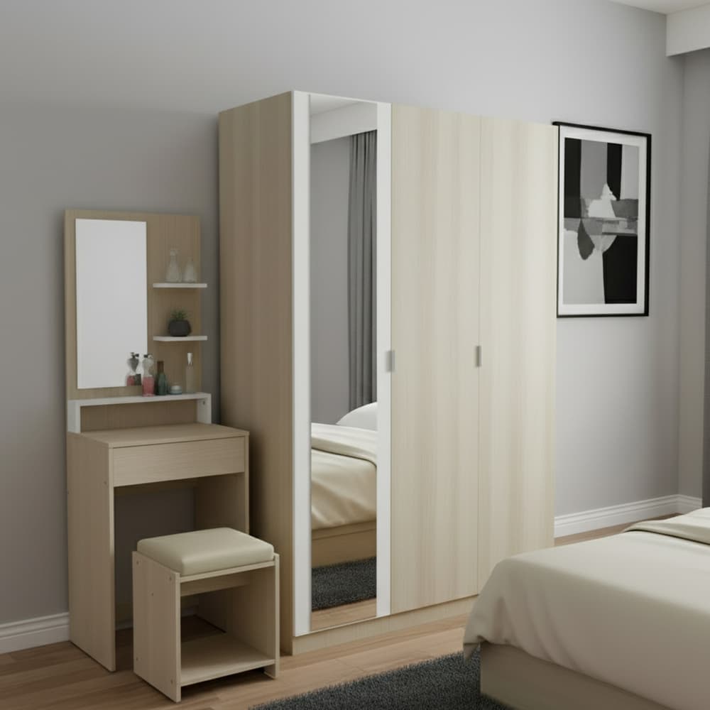ตู้เสื้อผ้า 3 บาน พร้อมกระจก รุ่นแชมป์ ขนาด 120 ซม. - สีไลท์ วู้ด/ขาว