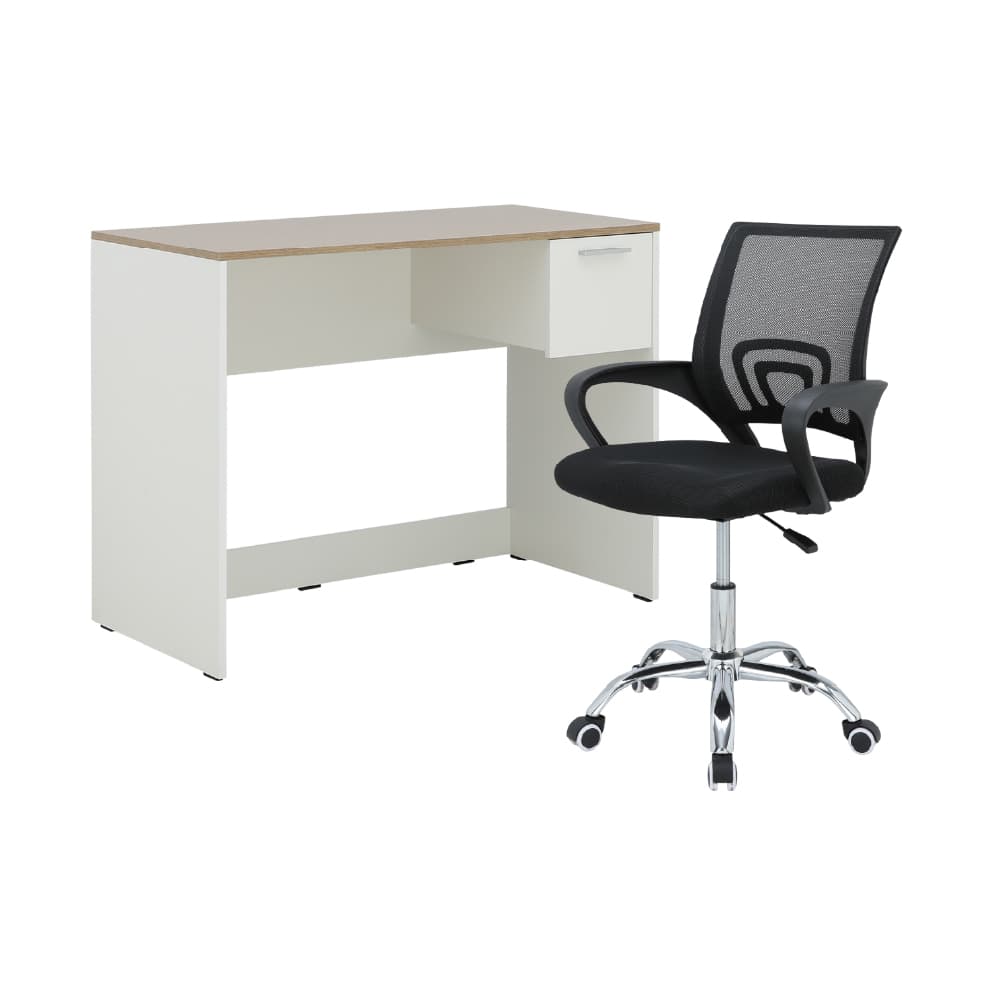 โต๊ะทำงาน 1 ลิ้นชัก ขนาด 100 ซม. และเก้าอี้สำนักงาน รุ่นมินิโอ+ดาร์บี้ - สีธรรมชาติ/ดำ