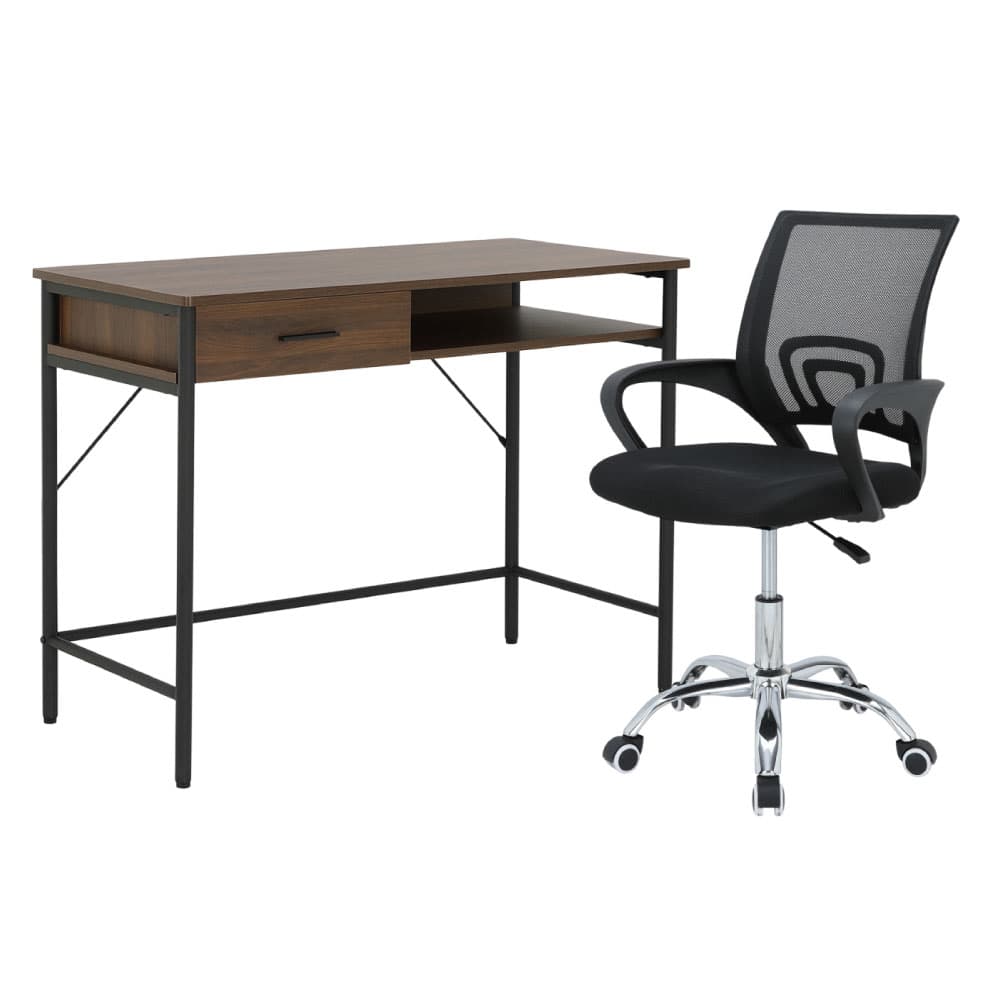โต๊ะทำงาน ขนาด 100 ซม. และเก้าอี้สำนักงาน รุ่นโทโมเอะ+ดาร์บี้ - สีวอลนัท/ดำ