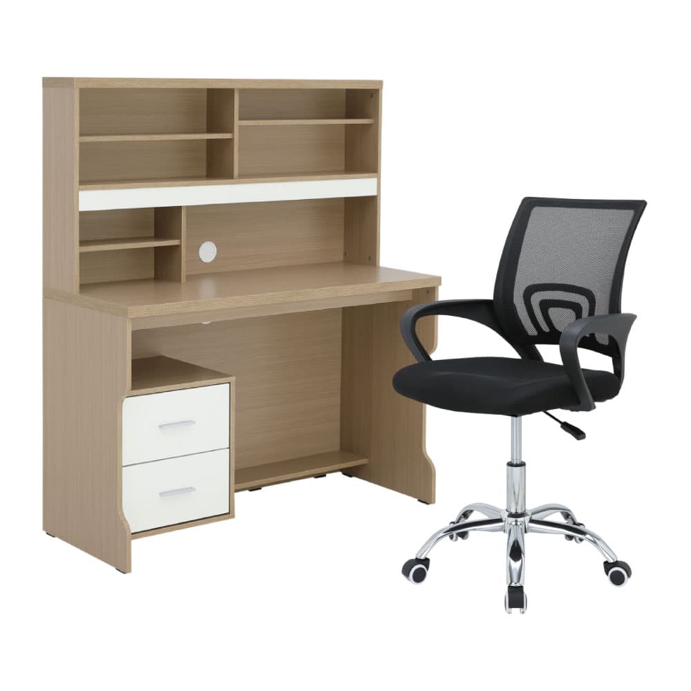 โต๊ะทำงานพร้อมชั้นวางและเก้าอี้สำนักงาน รุ่นมินิโอ+ดาร์บี้ - สีธรรมชาติ/ดำ