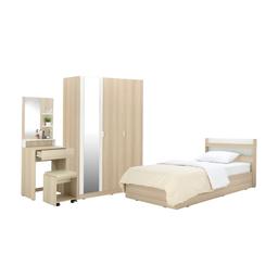 โอเคเฟอร์นิเจอร์ ชุดห้องนอน รุ่นแชมป์ (เตียง, ตู้เสื้อผ้า, โต๊ะเครื่องแป้งพร้อมสตูล) - สีไลท์วู้ด/ขาว