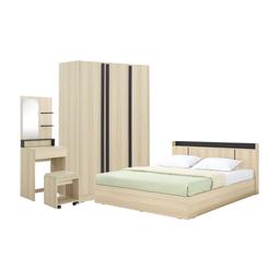 ชุดห้องนอน รุ่นแชมป์ ขนาด 5 ฟุต (เตียง, ตู้เสื้อผ้า, โต๊ะเครื่องแป้งพร้อมสตูล) - สีไลท์ วู้ด/ดำ