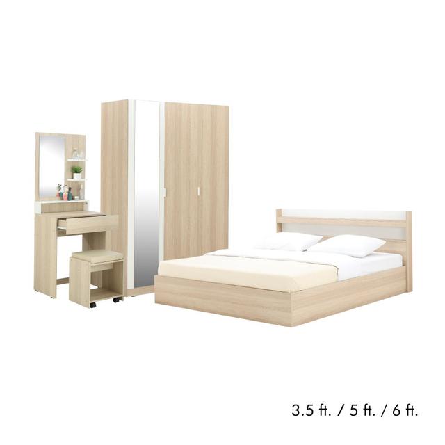 ชุดห้องนอน รุ่นแชมป์ (เตียง, ตู้เสื้อผ้า, โต๊ะเครื่องแป้งพร้อมสตูล) - สีไลท์วู้ด/ขาว