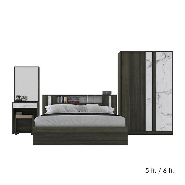 ชุดห้องนอน รุ่นแมรี่เดล (เตียง, ตู้บานสไลด์, โต๊ะเครื่องแป้ง) - สีบราวนี่ โอ๊ค/ไวท์ มาร์เบิล